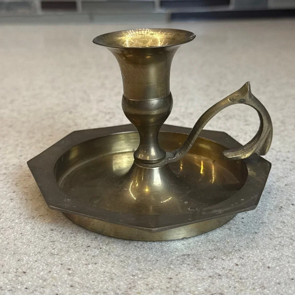 Vintage Archana Handicrafts Brass Chamberstick Candle Holder Octagon Base India